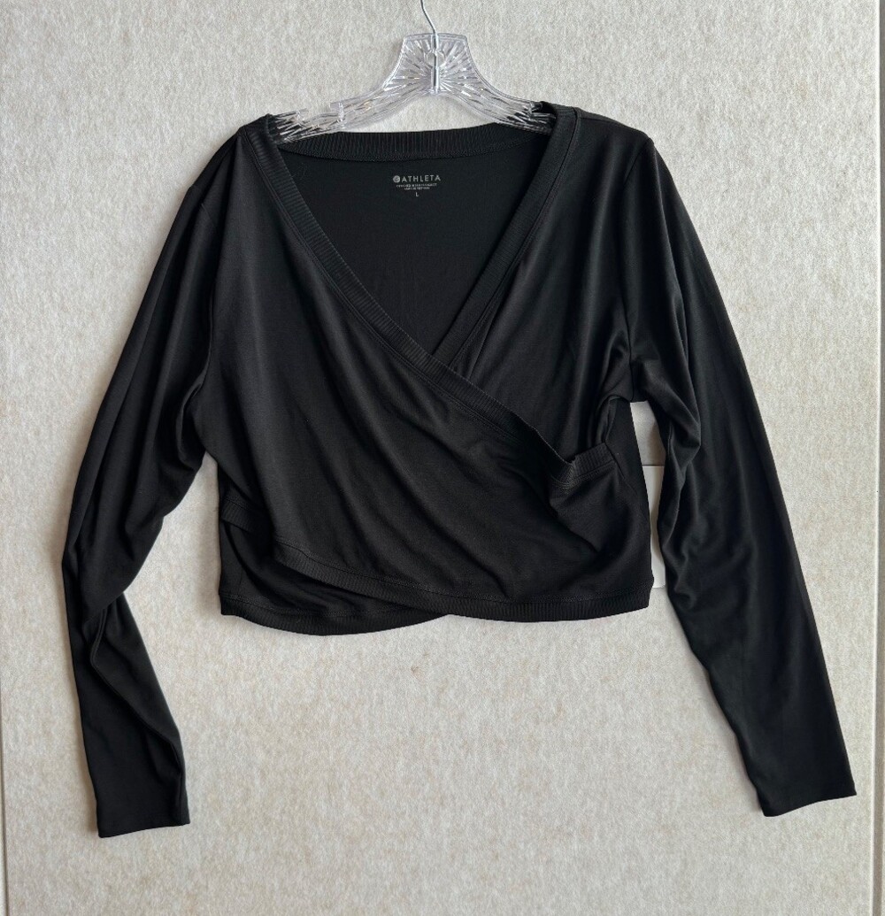 NWT Athleta Encore Wrap Top Women L Black Long Sleeve Cropped Yoga #352711